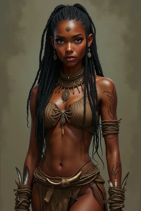 Style: "Prehistoric fantasy setting with a focus on authentic primitive clothing and accessories, reflecting the materials and craftsmanship of early human cultures." Solo woman portrait. (Savannah Warrior Isanna is a beautiful prehistoric woman of the (Ne...