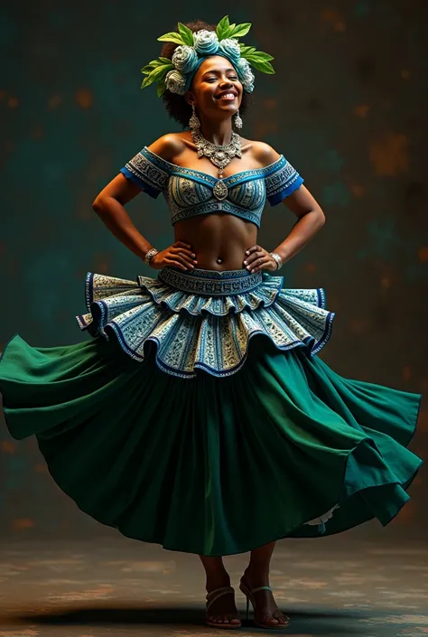 Maracatu Godê Oxford dark green skirt up to below the knee and a short skirt layered over the top with blue and white African ethnic fabric and gown 