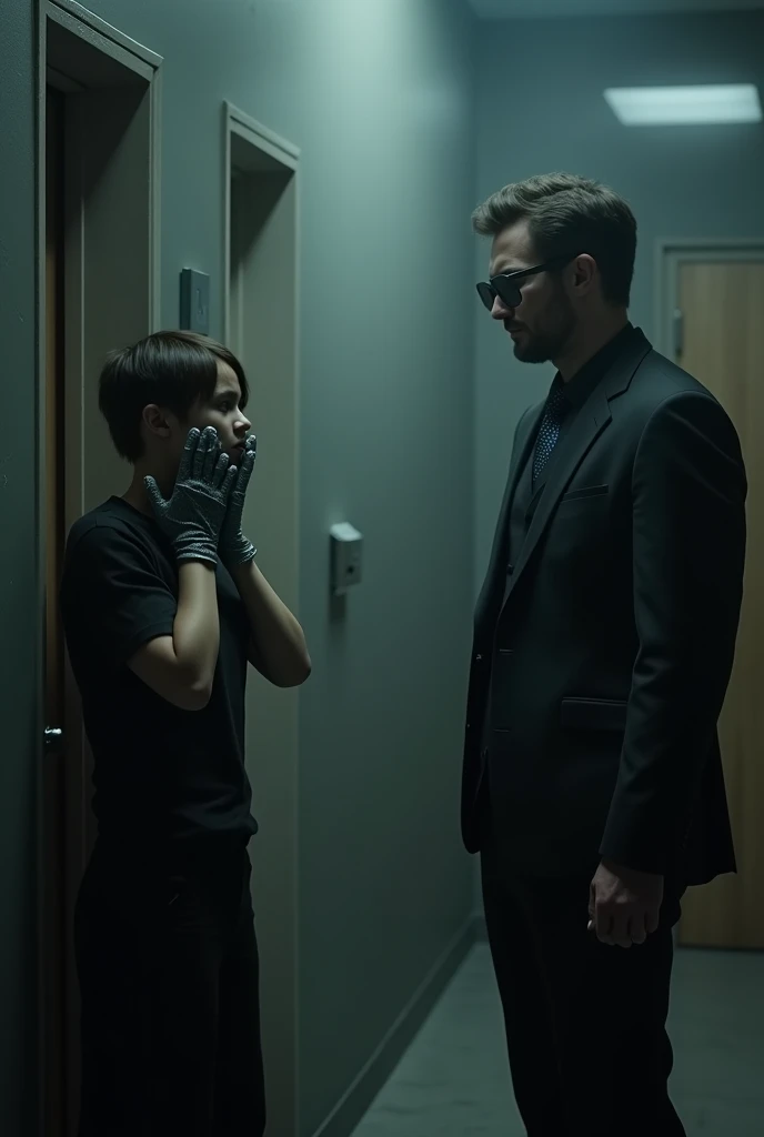 A person trying to speak ,  but with his mouth covered by a hand in a black glove, As a man in a black suit and dark glasses watches. The surrounding environment is gloomy,  with a sense of censorship and repression ."