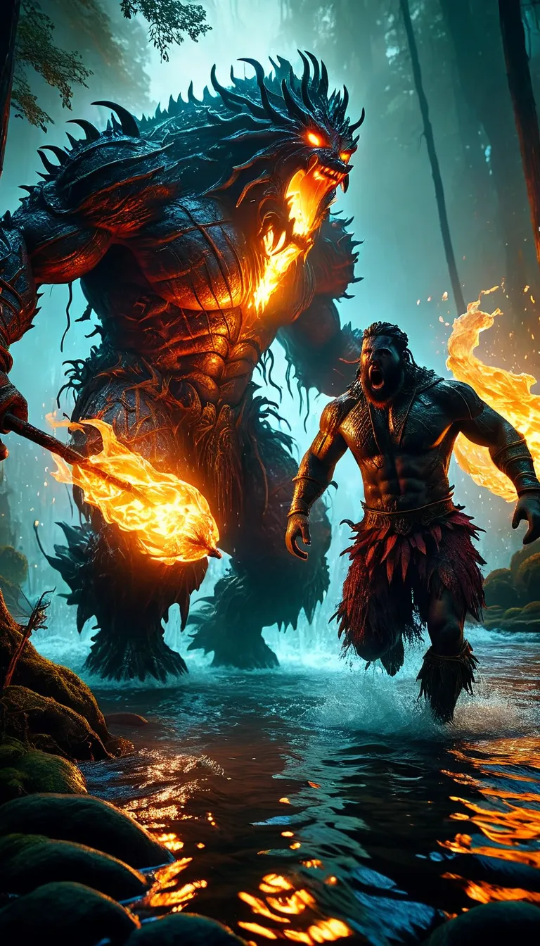 a massive fire golemn versus a massive water golem, a burning forest, people running away in fear, animals fleeing, dramatic lig...