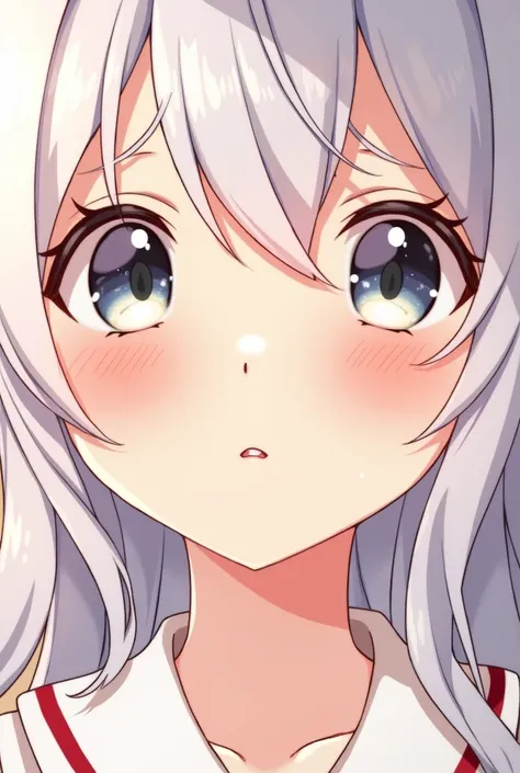 "A close-up anime-style illustration of a charming female character with a blushing face, showing a sweet and shy expression. Her delicate features are framed by flowing, silver hair that reflects a soft, ethereal glow. Her eyes are wide and sparkling, wit...