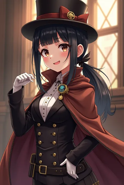 1 anime girl, height is 150 cm, eyes dark brown, dark black hair, tied low to the side, blunt bangs, round gear frame one side eyeglass, steampunk, classic, analog, phantom thief, brown cape, brown top hat with brown bow, white shirt, long sleeves, brown b...