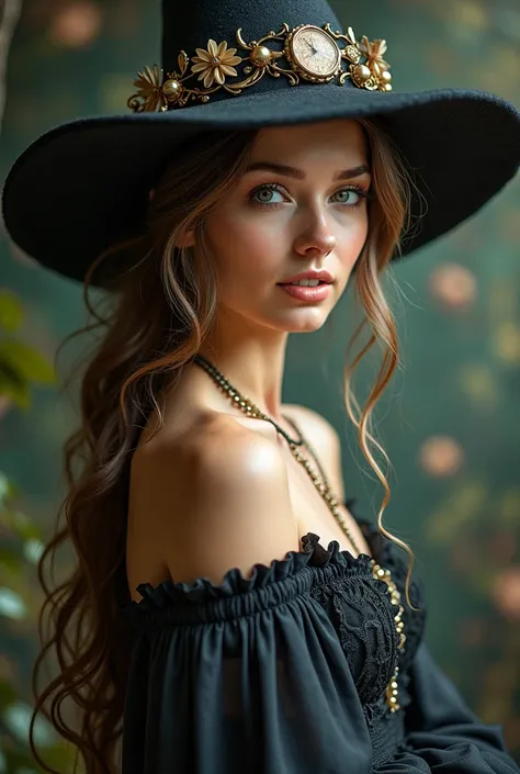  A beautiful woman with long hair, a ponytail and a hat like a witch in a bohemian dress, the most realistic photo with a clear face  