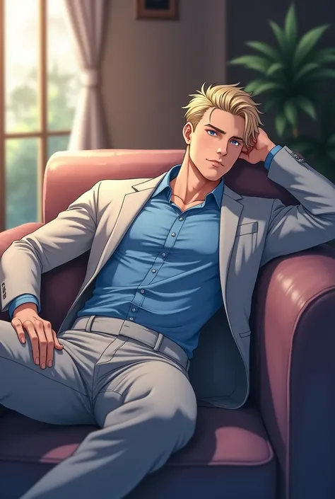 Handsome man tall strong blonde short hair blue eyes light gray suit formal pants formal blue shirt unbuttoned formal jacket light gray jacket black shoes lying on a sofa in his apartment resting having a full body drink anime style