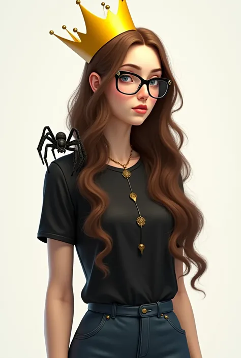 She has long brown hair, a vitara in the back and she has a yellow crown, she has glasses and a black shirt and a blue-black pants and a spider on her shoulder she is a girl
