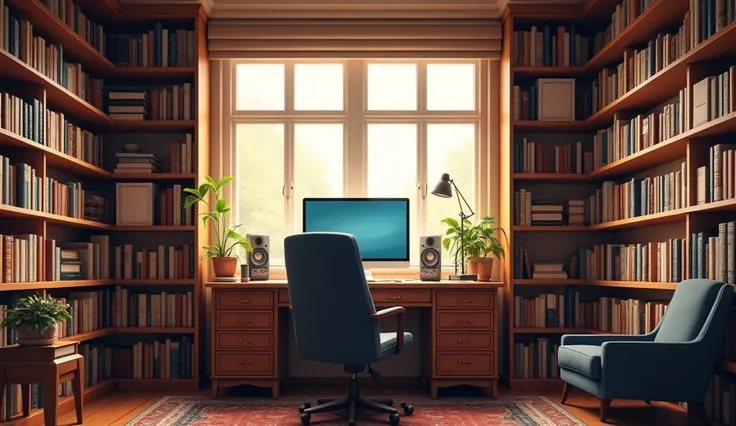 A cozy studyroom with a window,a desk with computer and microphone condenser on it,many books 