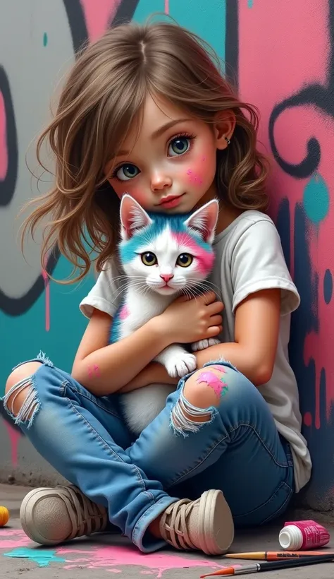 A , a girl with disheveled hair hugging a white-blue-red kitten smeared with paint, dressed in jeans with holes on the knees and paint-stained t-shirts, sitting in front of a graffiti wall, two little artists in oil painting style paints, with fine strokes...