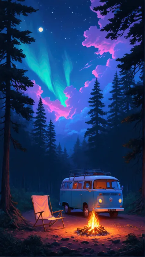 araffe van parked in the woods with a campfire under the stars, jen bartel, bussiere rutkowski andreas rocha, rhads and lois van baarle, lofi art, 🌲🌌, lofi artstyle, amazing wallpaper, background artwork, beautiful iphone wallpaper, stunning art style, by ...