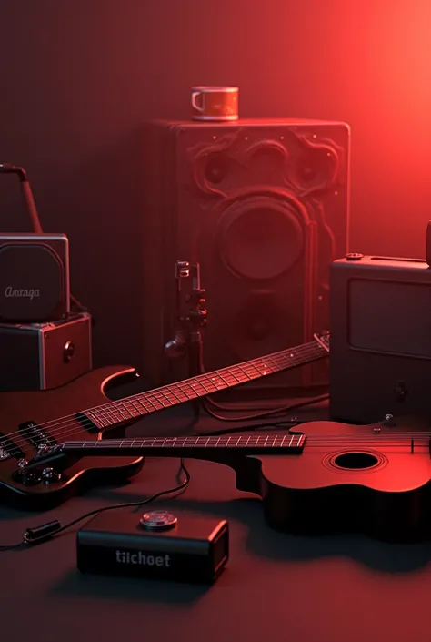  An image that contains a bass , an acoustic guitar,  a battery and a keyboard ,  that has a text that reads  "out of time "  and that the image is in reddish tones  