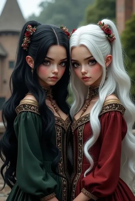 Two Brazilian twin sisters, but one with black hair and white hair, their eyes also conform to their hair in medieval times. 