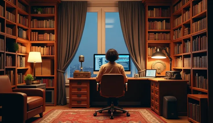 A cozy karaoke room with books,desk with computer n microphone there