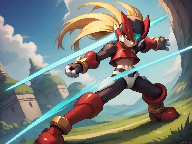 score_9, score_8_up, score_7_up, dutch angle, cowboy shot, zerommz, solo, 1boy, helmet, blonde hair, long hair, crop top, black eyes, gauntlets, crotch plate, boots, z-saber, holding z-saber, super dynamic pose, neo arcadia outdoors