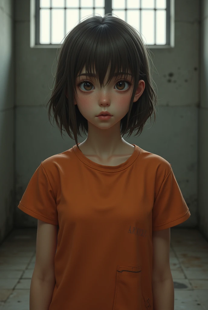 a realistic teenage new zealand girl with short brown hair, wearing an oranga realistic teenage new zealand girl with short brown hair, wearing an orange prison top no pants and barefoot prison top no pants and barefoot in jail cell