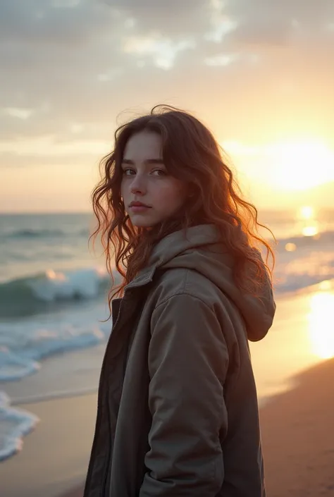 January holidays brown wavy hair and brown eyes s at the beach