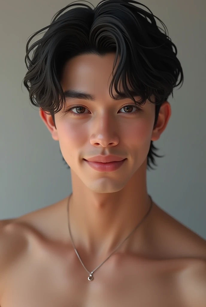 18 year old sexy guy with gray eyes and black hair thick pink lips smiling long eyelashes thick eyebrows shirless muscled 