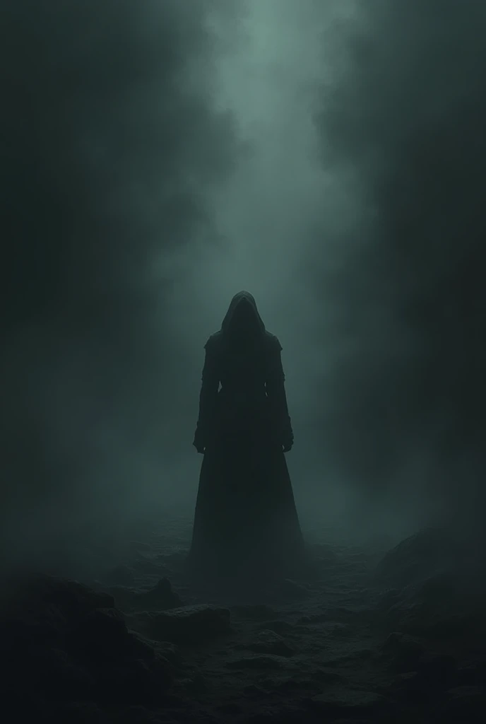 A single shadowy figure barely visible, standing at the edge of the darkness, its outline blending into the gloom."  