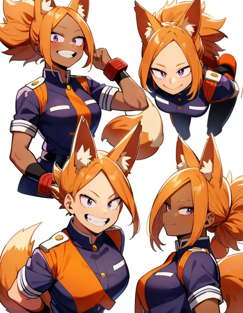 1 , female focus, boku no hero academia, Dark skin, smile, white and orange hair,  ears and fox syrup,  best quality ,  very aesthetic , purple eyes, beautiful, thin, of uniform 