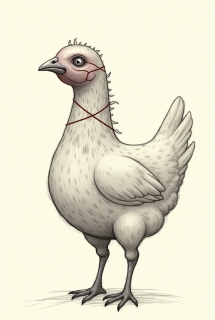 Usually a girl with the body of a hen with her head stitched as if she were a zombie graft in a simple drawing with few details, the head of the biggest girl and with the normal body of a hen. 
