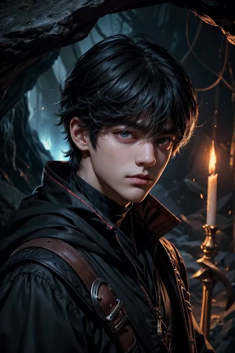 a boy (name:  Taehyung), perfect-lips, Symetrical Eyes, Mage Robes, In an Hidden cave, Black haired, Cloack,, red left eye and black right eye,mysterious, handsome, . Fantasy World, Oval Face, Perfect Face, Hunter eyes, Long face 