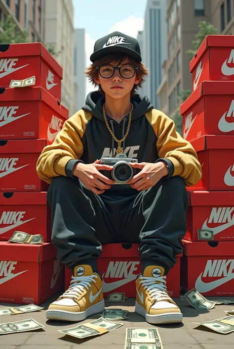 17-year-old fair-skinned cuddly eyeglasses all dressed as Nike and sneakers and cap from J Nike gold chain with an iPhone 3 camera sitting on top of Nike boxes in the middle of the city center with money bills around the night short hair