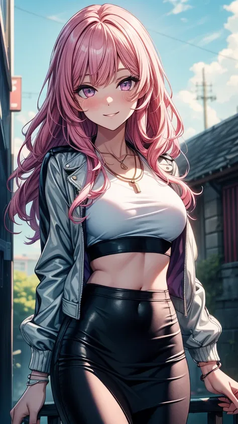 ((masterpiece, best quality:1.3, high detail)), beautiful woman, smile, looking at viewer, long wavy hair, (pink hair), hairpin, bright purple eyes, light blush, (white leather jacket crop top), (long black midi (pencil skirt)), midriff, navel, necklace, b...