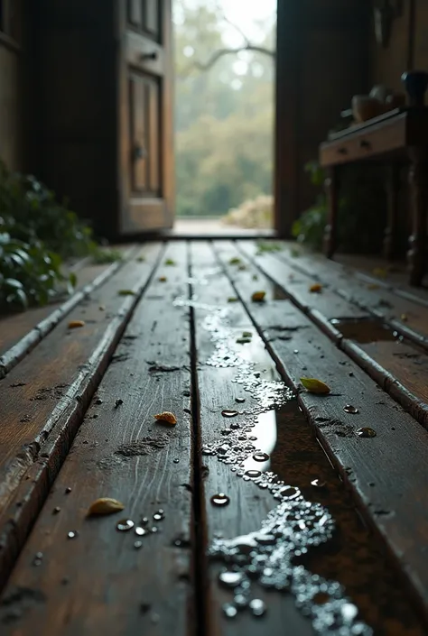 An old wooden floor with scattered water droplets leading from the door into the room."  