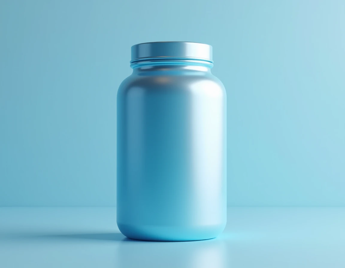 generates a product image of a hydrolyzed collagen , that has blue and silver colors .  ONLY 1 GYM protein-like plastic CONTAINER AND CANNOT HAVE ANY TYPE OF TEXT OR LOGOS