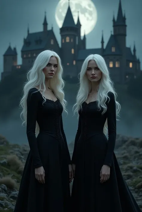 Two middle aged princess sisters both with white hair in front of a castle at night. Black dress on both 