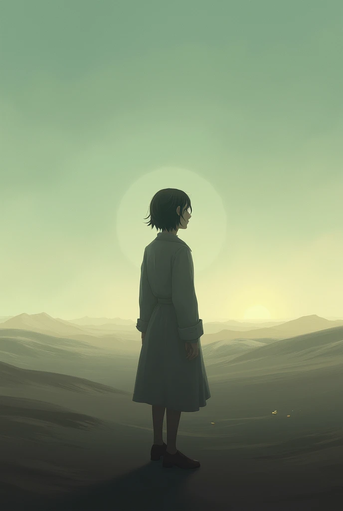  An emotional and melancholic scene that reflects the idea of a happy ending,  but with a sense of emptiness and uncertainty .  Imagine a person alone in a vast infinite and desolate space ,  perhaps a desert landscape or an endless sky . The person is loo...