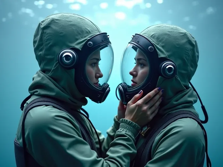  women wearing  tight hazmatsuit underwater  Antarcticas  iced surface puts her hands on her mouth because she cant breathe and trying desperately to take  her girl-friends  wearing working glassed  helmet connected to oxygen tank to breathe 