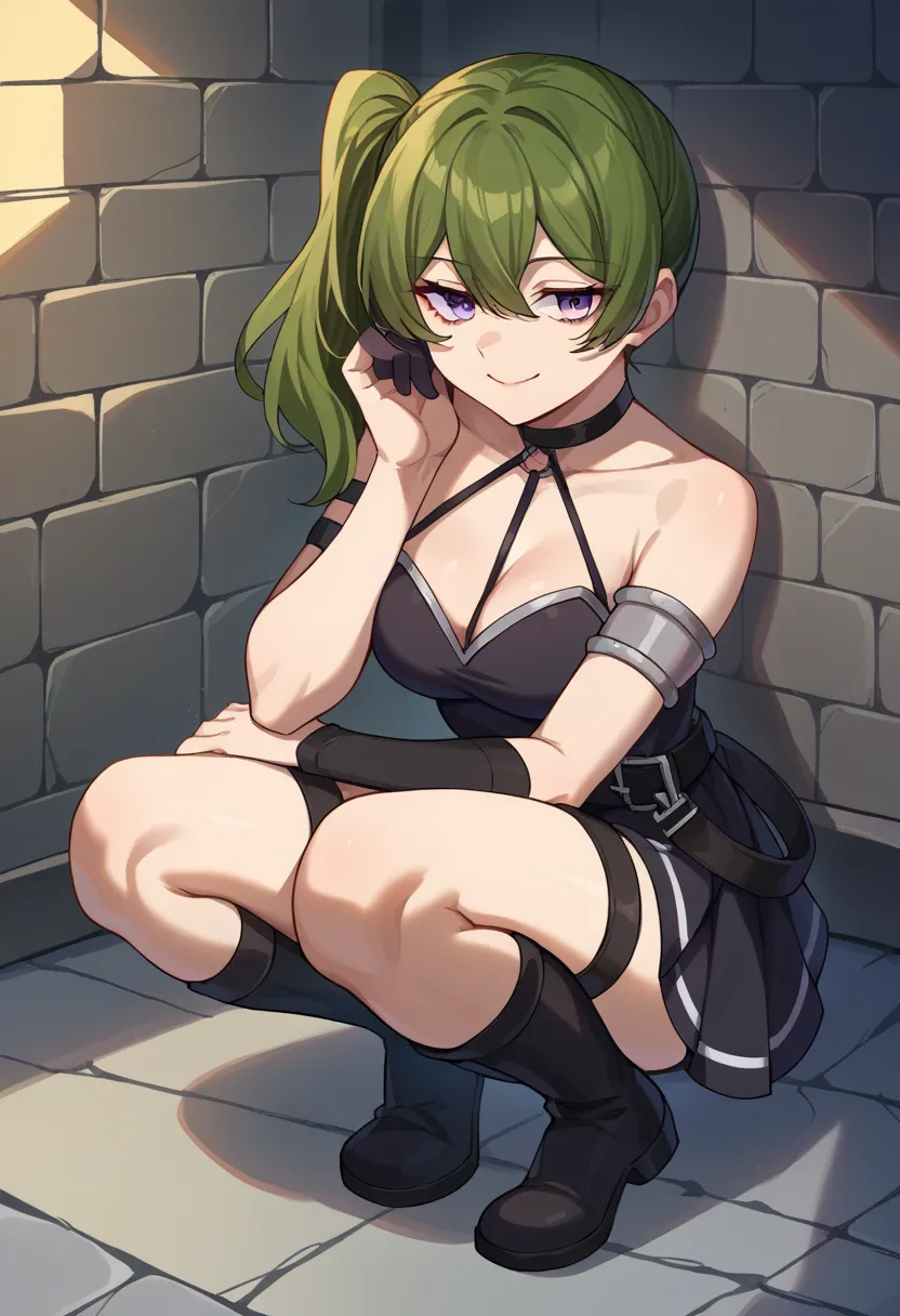 score_9, score_8_up, source_anime, 1girl, solo, ubelfrieren, purple eyes, dark green hair, medium hair, side ponytail, black cho...