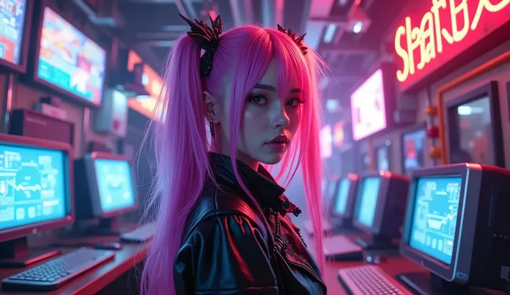 1 cyber goth girl, Long hair in a pink color with a gradient of violet, cyber goth clothing, very colorful scene, Neon lights, cyber ornaments, Computers, computer terminals, Japanese manga style:1.5. HD,Hyper detailed and realistic 8K, skin texture:1.4