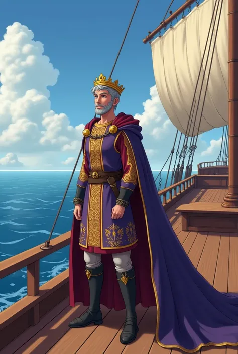 Young king with short beard and ash-blond gray hair who wears tunics
royal with rich embroideries in gold and purple.  He always wears a simple but elegant crown and a long cape . On a ship at sea
all in a medieval fairy-tale animation