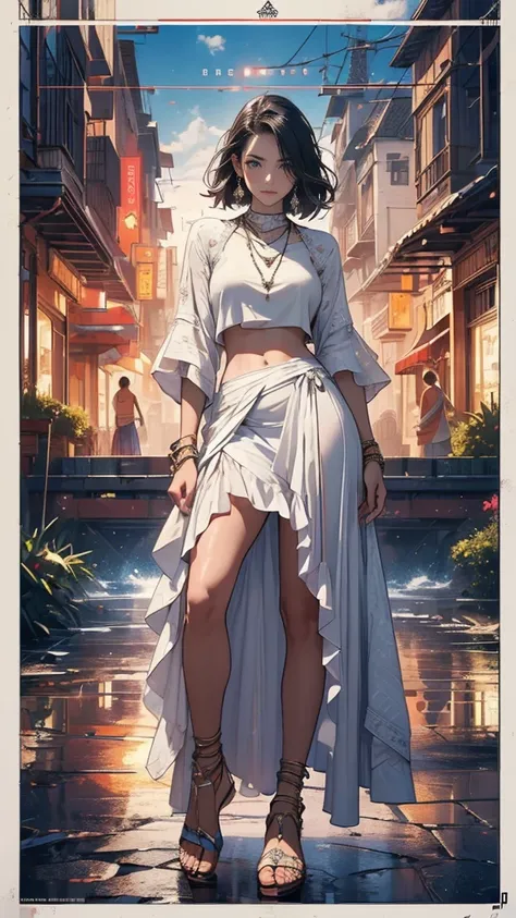 ((masterpiece, Highest quality)), (((whole body :1.5))), 32K Wallpapers, Very detailed,(((geometric cinematic movie Poster))) A flowing, patterned maxi skirt with a fitted white crop top, Layer with a long pendant necklace and wear flat gladiator sandals 