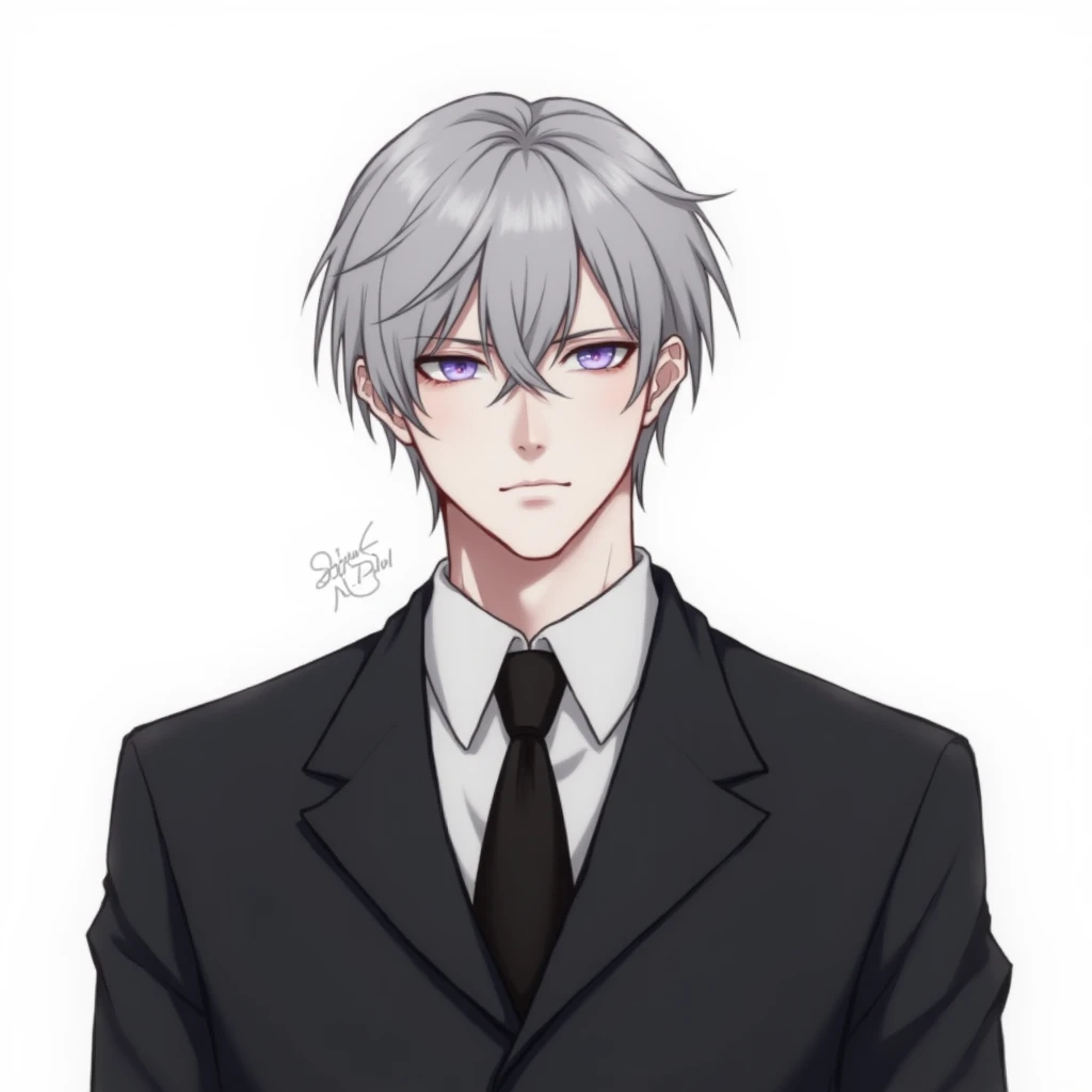 The portrait has a 、 Fasten a black tie、 show the face and torso of an adult man in a black suit 。  have gray hair and large soft purple eyes 。 Men have square faces 、 pointed face 。 background with a plain 、 style is a single panel layout like Tokyo Ghoul...