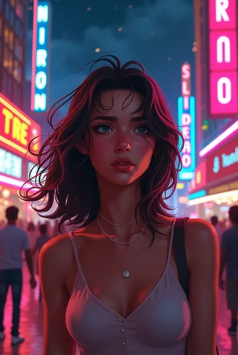 Lily having fun in the city of Reno ,  surrounded by city lights and people ,  but with a subtle expression of growing dissatisfaction."