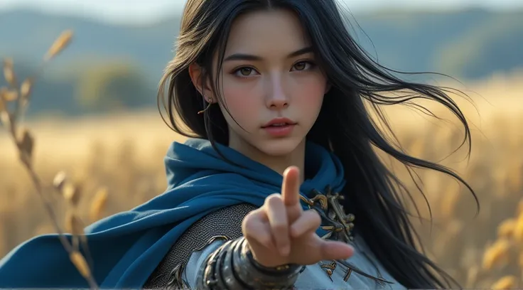 ((caustics:1.3)),(colorful:1.15),(gorgeous light and shadow:1.1), medieval age, Detailed face, Look elsewhere, pose, perfect finger, female knight, Black hair, Blue long cape, Depth of field, wind, ethereal dreamy scene, concept art