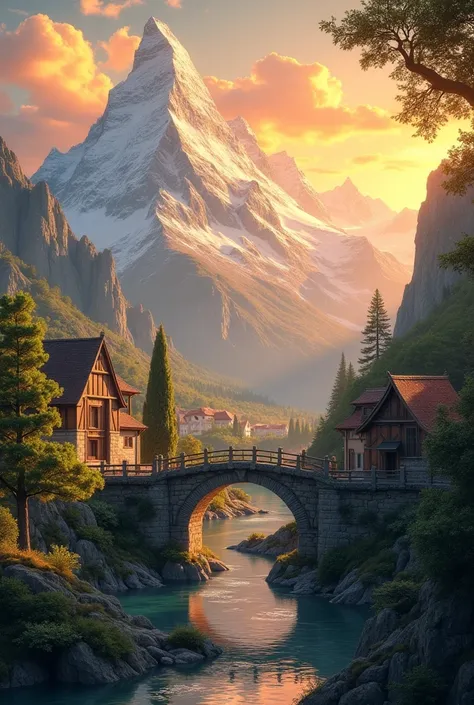 Landscape of mountain and the summer time sunset and a bridge of old time and a small village 