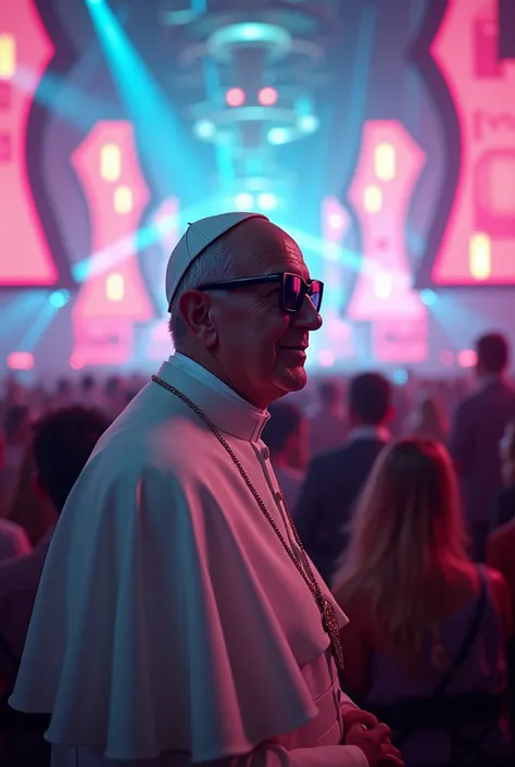 Pope Francis wearing dark glasses at a techno concert with a lot of flow

