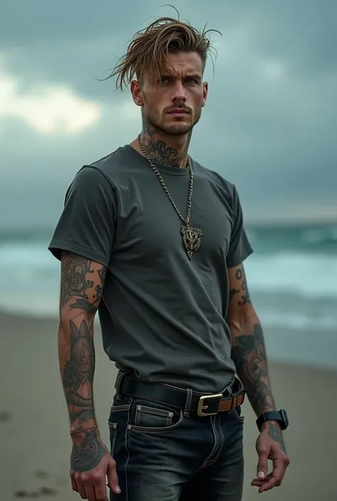 man,  Surfer style ,  messy hair , tattoo on the neck ,  Chanel t-shirt Dolce nautical shoes &Gabana Negra ,  jeans skinny dior , sports watch, brown eyes,  No smile,  posing for a photo shoot , 8K,  masterpiece, sexy, ropa marca  celebrating years ario ta...