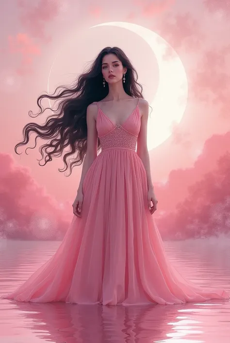 ((RAW Photo) ( resolution  )),  masterpiece,  style better quality, ( Extremely detailed 8k droplet wallpaper), ( best illustration)  beautiful woman,  with black hair with waves  ,white-skinned European , Sultana in pink Arabian dress ,   the moon in nuan...