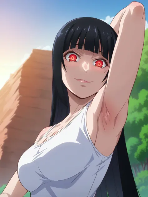 score_9, score_8_up, score_7_up, source_anime, anime screencap, 1girl, solo, outdoors, day, Jabami Yumeko, red eyes, black hair, long hair, bangs, large breasts, tank top, white tank top, cleavage, bare shoulders, bare arms, looking at viewer, eye contact ...