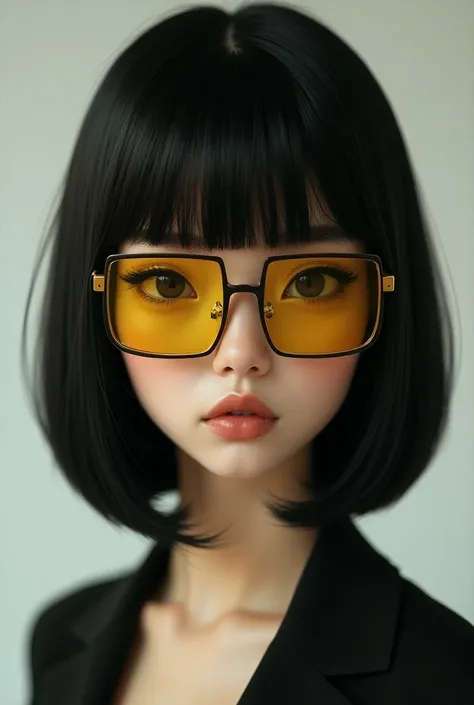 Girl with square gold lenses with realistic fringeless straight bob hair