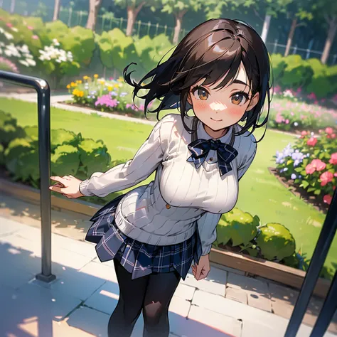 ( High Quality ,  high definition , Very detailed, reality:1.37), Peaceful atmosphere, (Outdoor, garden),  teenage girl standing alone, (My breasts are large.), Beautiful details,  cute smile with blush, (Black Bob), Ribbed sweater,  blue plaid skirt, Blac...