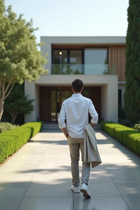 In the front yard of a modern mansion, A guy wearing a white shirt and a coat on his arm just parked his car,