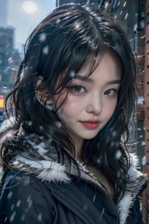 NSFW, ((Midnight, Best quality, 8k, Masterpiece :1.3)), Sharp focus, face close up, A pretty woman with perfect figure, ((black hair, small breasts)), (jacket, standing), ((snowy street, sidewalk)), Highly detailed face and skin texture, Detailed eyes, Dou...