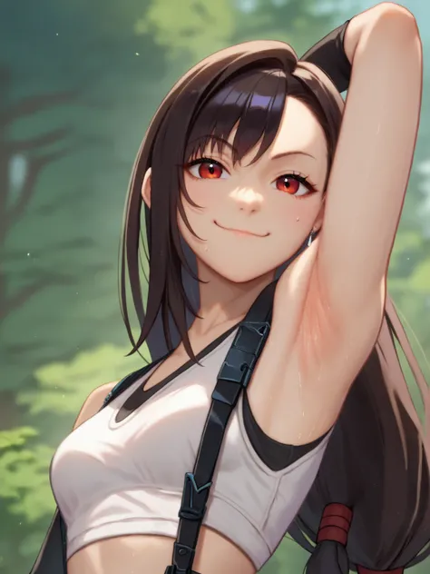 score_9, score_8_up, score_7_up, source_anime, anime screencap, 1girl, solo, tifa lockhart, black hair, low-tied long hair, red eyes, bangs, white crop top, suspenders, sleeveless, bare shoulders, elbow gloves, looking at viewer, eye contact with viewer, s...