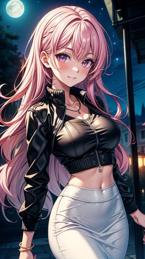 ((masterpiece, best quality:1.3, high detail)), beautiful woman, smile, looking at viewer, long wavy hair, (pink hair), hairpin, bright purple eyes, light blush, (white leather jacket crop top), (long black midi (pencil skirt)), midriff, navel, necklace, b...