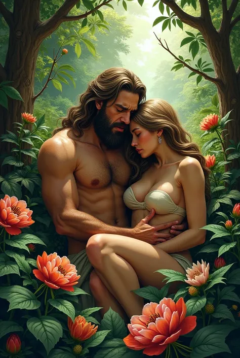 Create an illustration of Adam and Eve hiding from God in the Garden of Eden. They should appear anxious and guilty, surrounded by lush greenery and the vibrant colors of the garden. The scene conveys a sense of fear and shame, with a hint of divine presen...