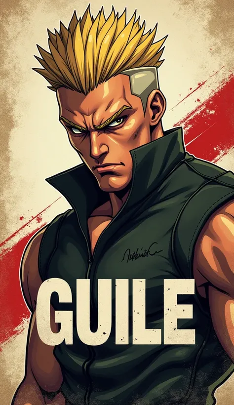 Street Fighter game card of Guile with the text "GUILE" --ar 9:16 --style raw --sref 2322837036 --p --niji 6